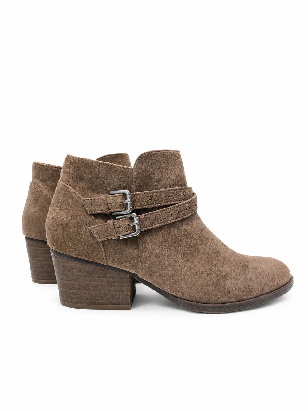Suede Double-Buckle Ankle Booties - Taupe
